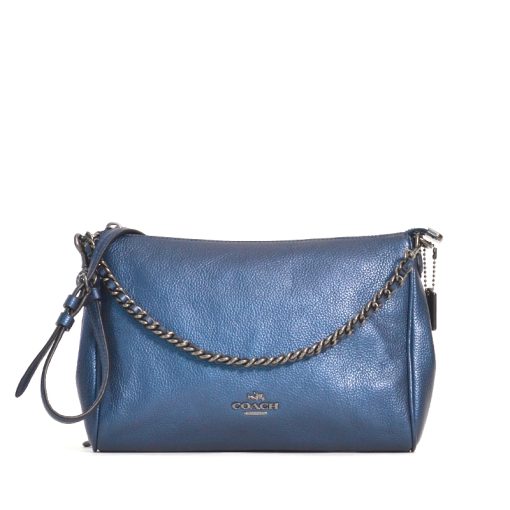 Coach Carrie Crossbody Pebble Leather Metallic Navy