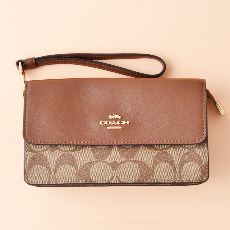 Coach Foldover Wristlet Signature Khaki Saddle 2 Averand