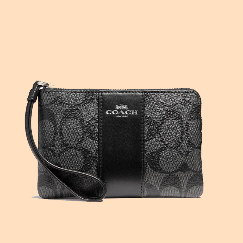 Coach Corner Zip Wristlet Signature Black Smoke - Averand