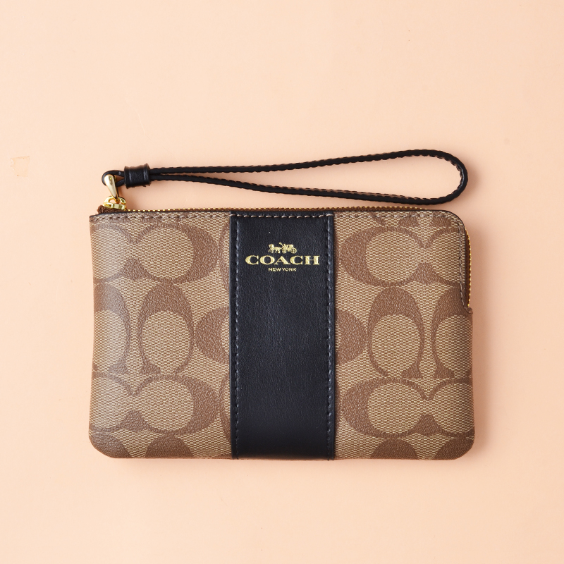 Coach Corner Zip Wristlet Signature Khaki Black Averand