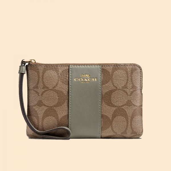 Coach Corner Zip Wristlet Signature Khaki Military Green - Averand