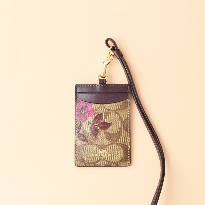 Coach ID Lanyard Victorian Floral Print Signature Khaki Berry Multi