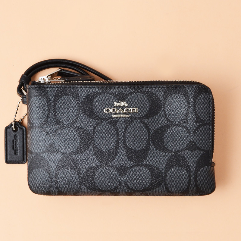 Coach Double Corner Zip Wristlet Signature Black Smoke - Averand