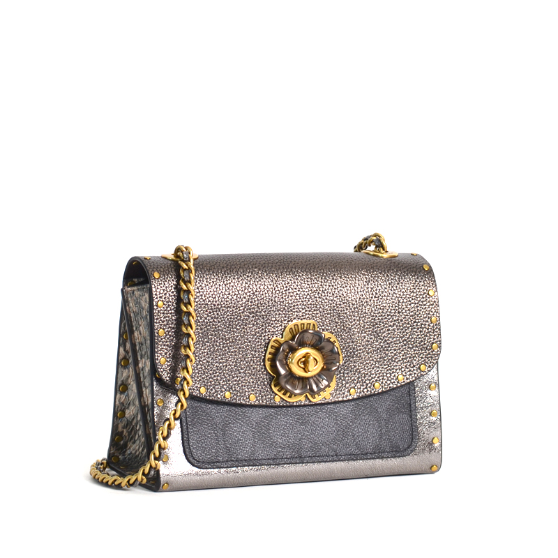 Coach Parker 18 Rivets Snakeskin Signature Charcoal Metallic Graphite