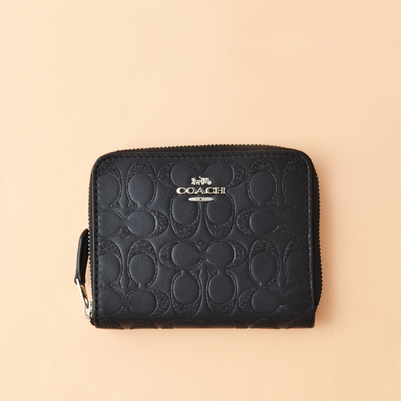 Coach Small Zip Around Wallet Signature Leather Glitter Black - Averand