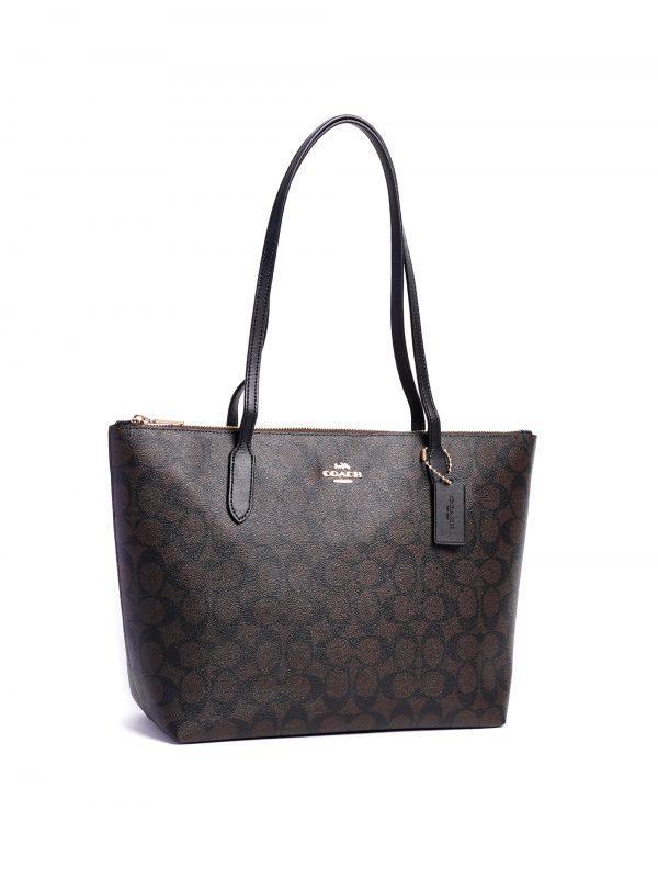 Coach Zip Top Tote 4455 Signature Brown Black - Averand