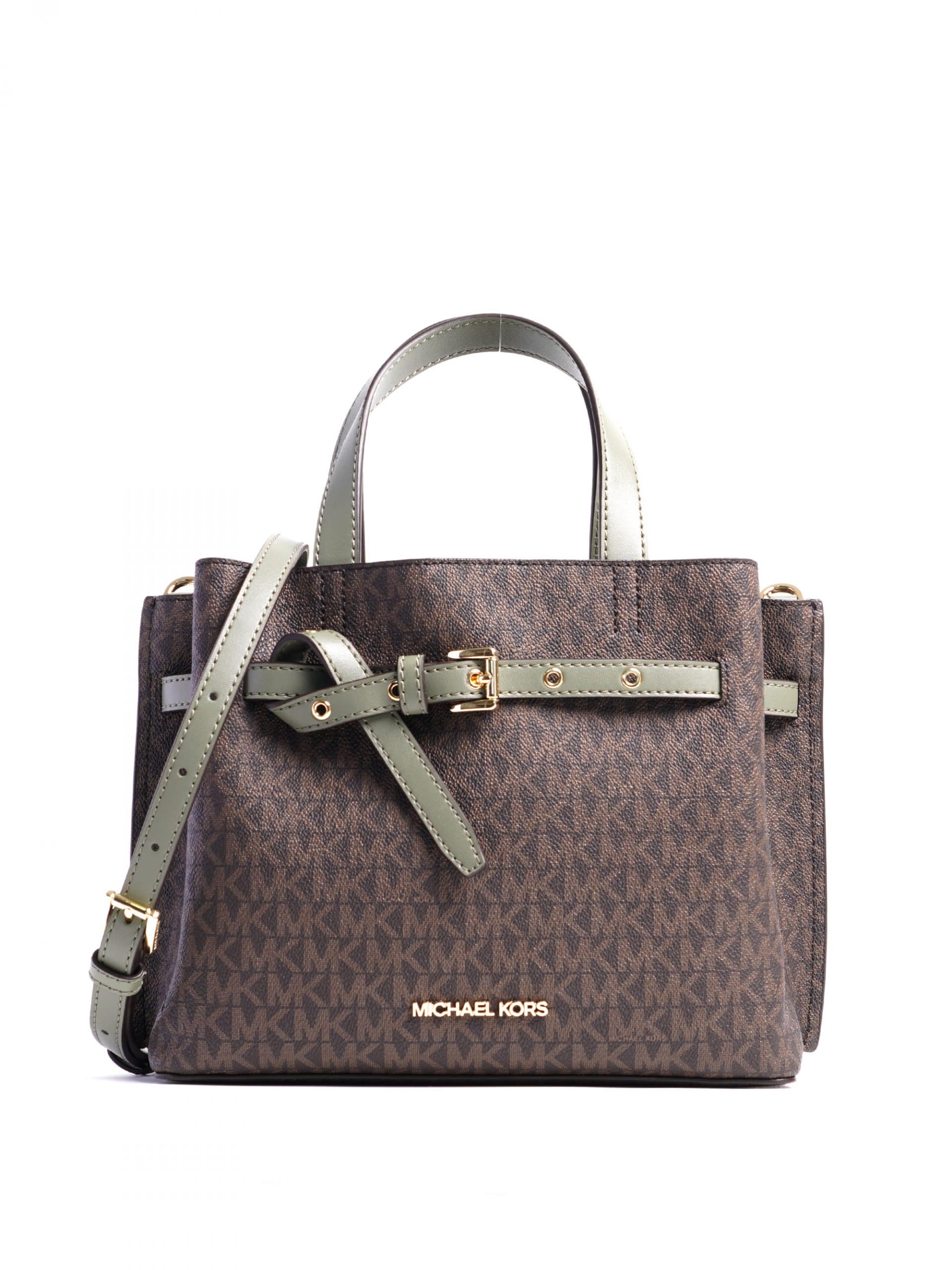 Michael Kors Emilia Satchel popular Chocolate Signature/Army green