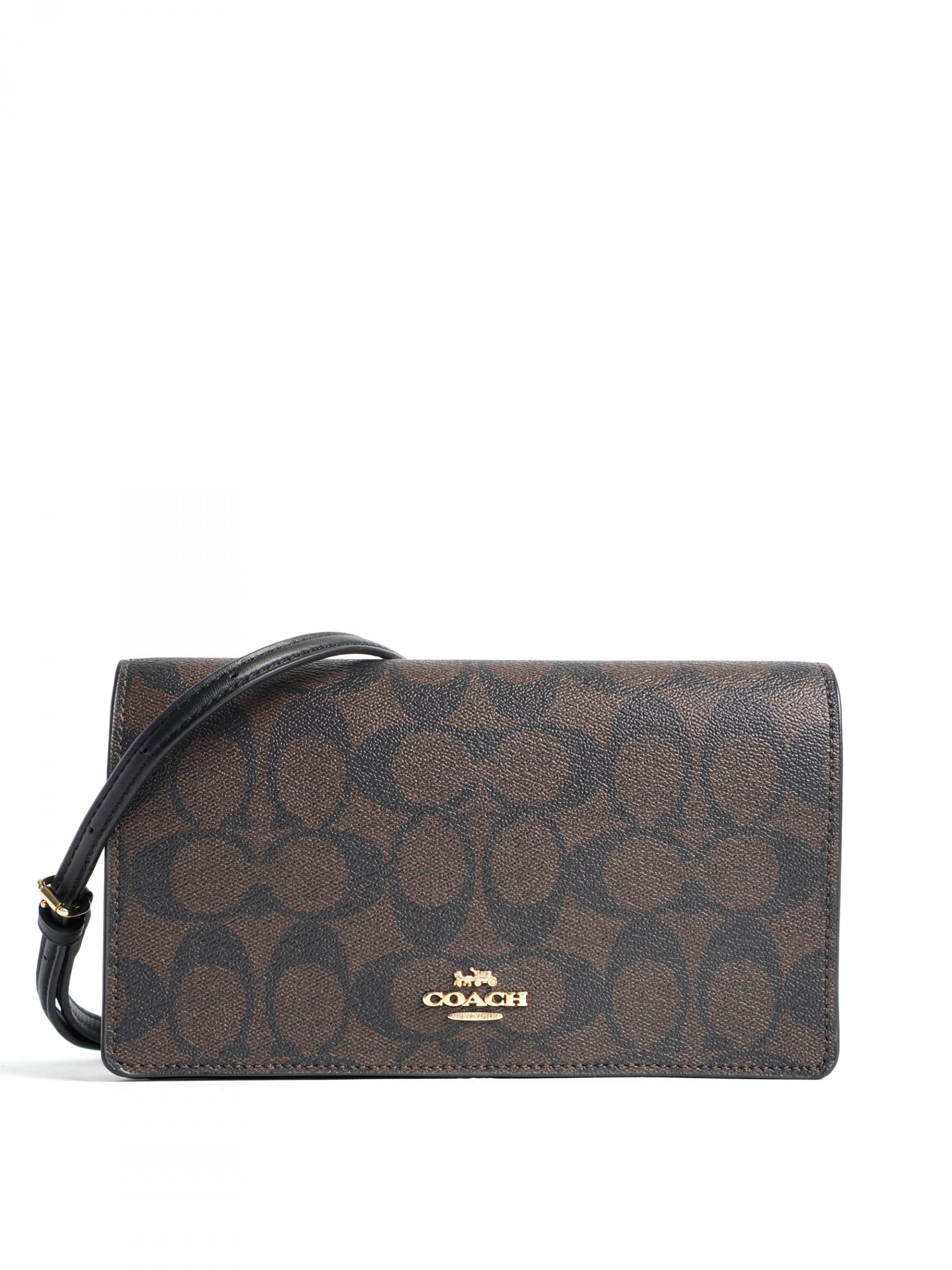 Coach Brown/Black Signature Coated Canvas and Leather Anna Foldover Crossbody Clutch